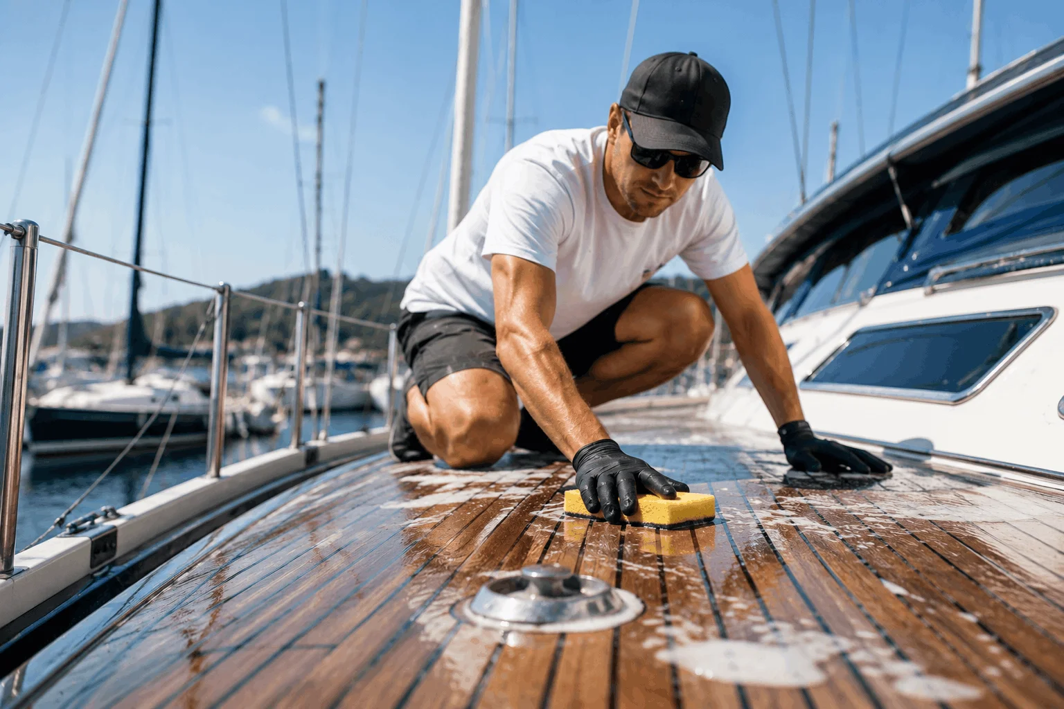 Limpieza de cubierta de teca con esponja en un velero