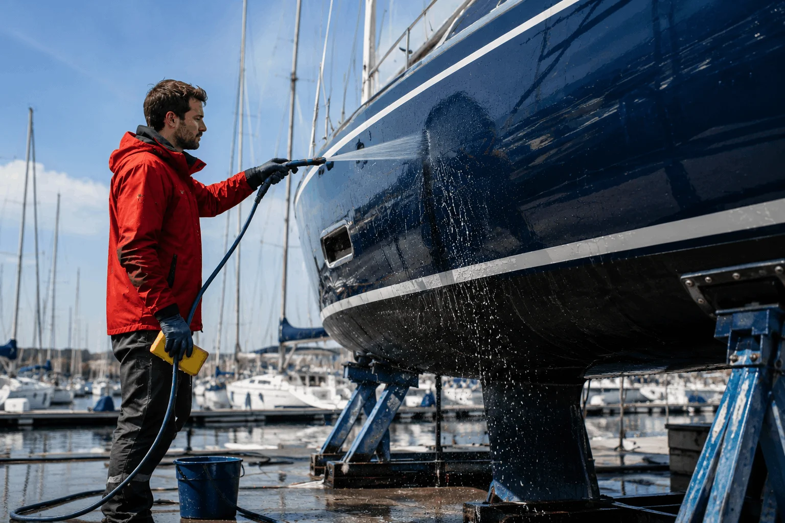 Técnico lavando a presión el casco de un velero en el puerto
